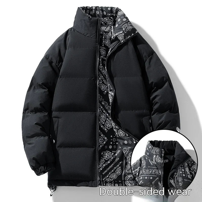 Black puffer jacket with reversible black and white paisley bandana pattern lining, double-sided wear