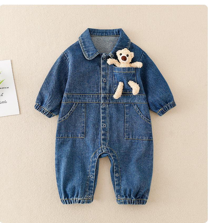 Blue denim baby jumpsuit with front pockets and teddy bear in chest pocket