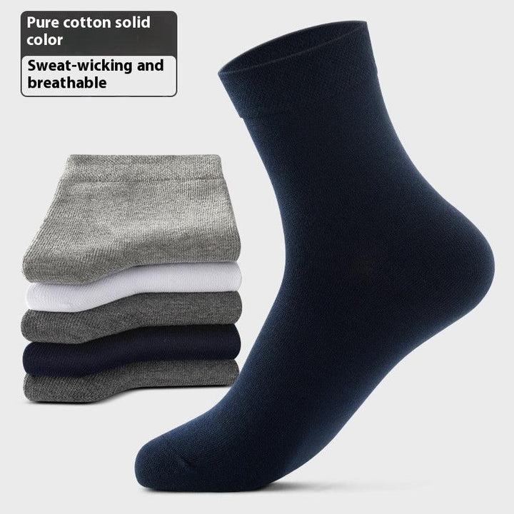 Stack of pure cotton solid color socks in grey, white, navy, advertised as sweat-wicking and breathable
