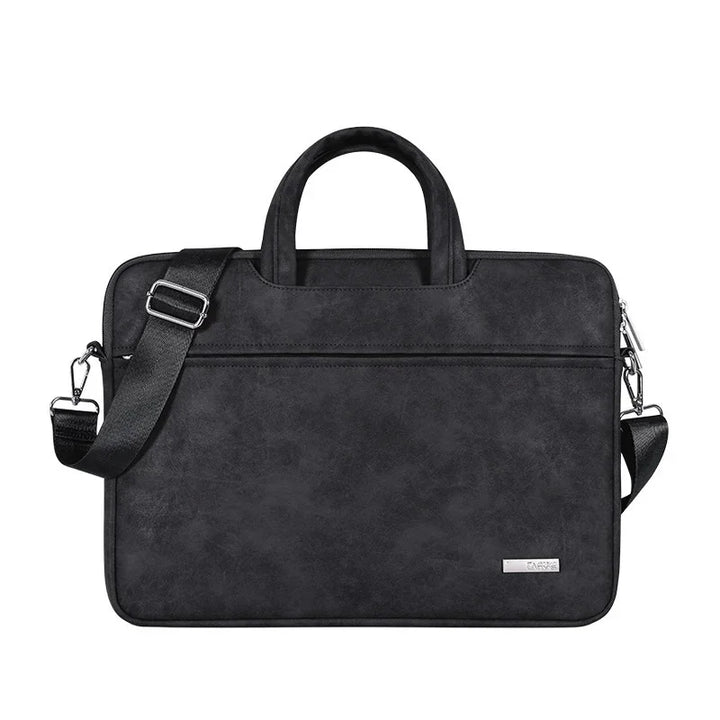 Black leather laptop bag with handles and adjustable shoulder strap, sleek professional design