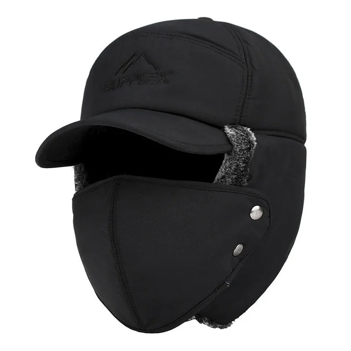 Black winter hat with ear flaps, faux fur lining, front visor, and detachable face mask