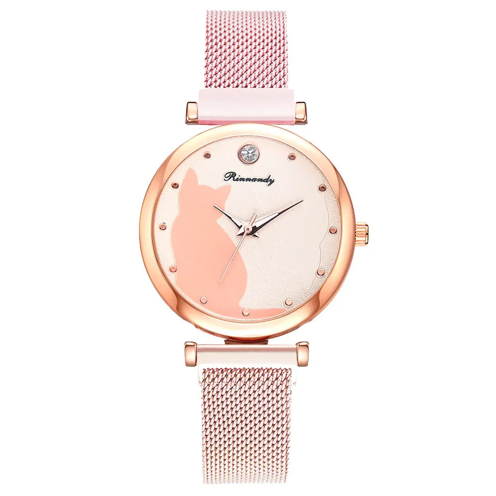 Rose gold wristwatch with pink mesh strap and cat silhouette on dial with crystal detail