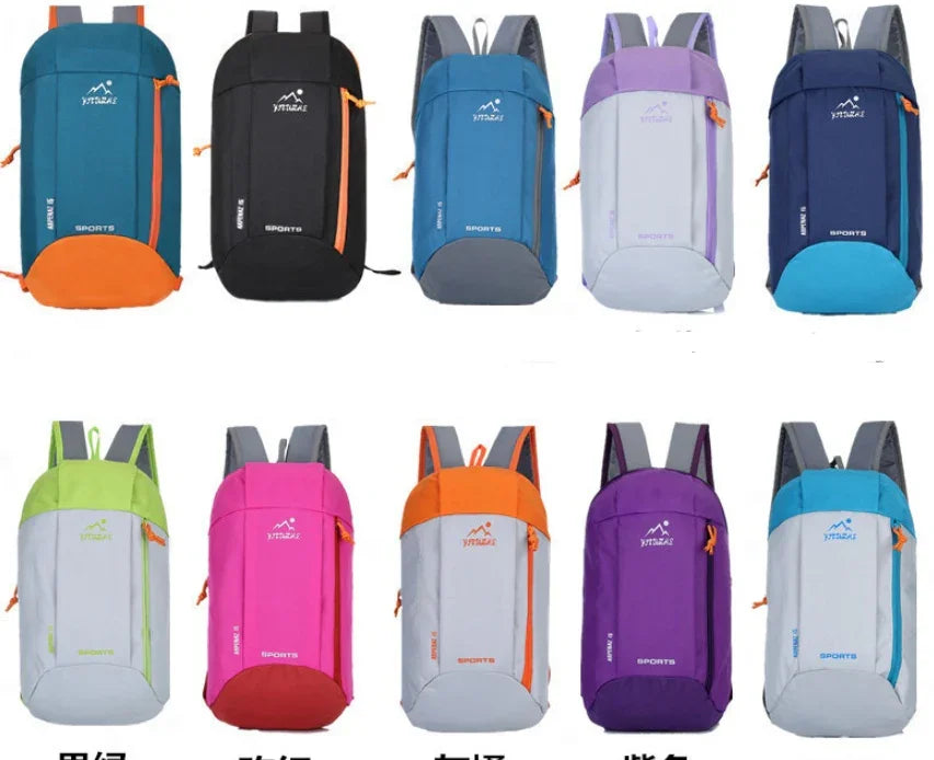 Colorful lightweight sports backpacks with front zippers displayed in two rows