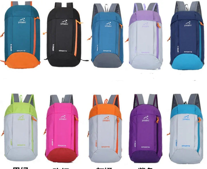 Colorful lightweight sports backpacks with front zippers displayed in two rows