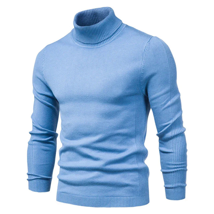 Men's light blue slim fit turtleneck sweater with ribbed collar, cuffs, and side detailing