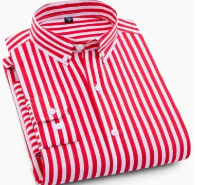 Folded red and white vertical striped men's dress shirt with button-down collar