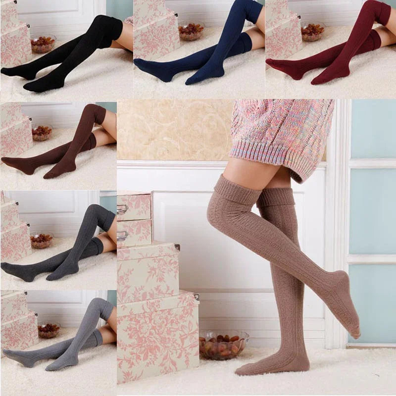 Women wearing cozy knit thigh-high socks in multiple colors including black, navy, burgundy, brown, gray, and taupe in a home setting
