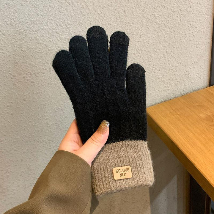 Hand holding black and beige wool touchscreen gloves with Golove NLD label indoors