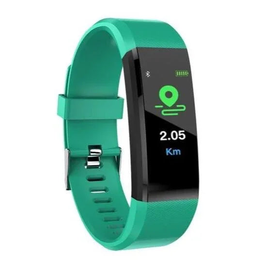 Green fitness tracker smartwatch displaying distance of 2.05 km with GPS and battery icons