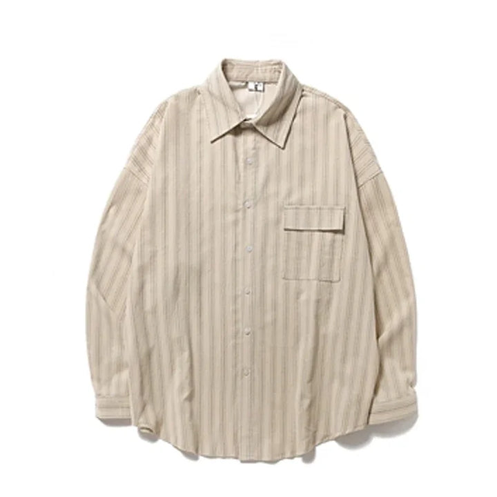 Beige striped long sleeve button-up shirt with oversized fit and front pocket