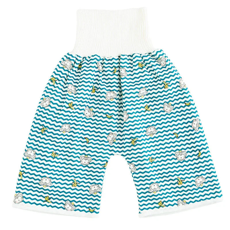 Blue and white zigzag baby shorts with monkey and banana pattern and white elastic waistband