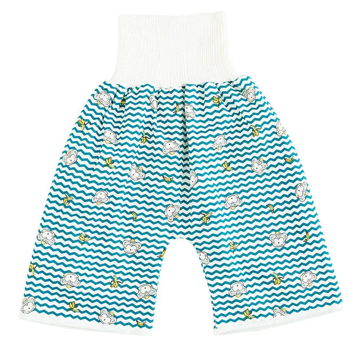 Blue and white zigzag baby shorts with monkey and banana pattern and white elastic waistband