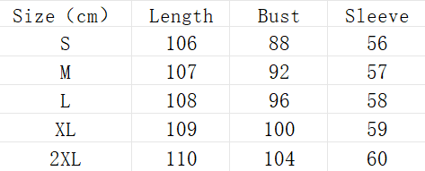 Clothing size chart with measurements for Length, Bust, and Sleeve in centimeters for sizes S to 2XL
