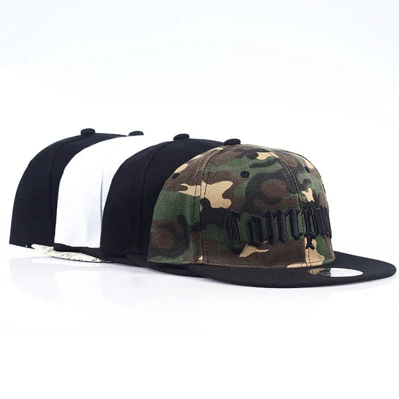 Row of snapback hats including camouflage with black brim, white, and black color options