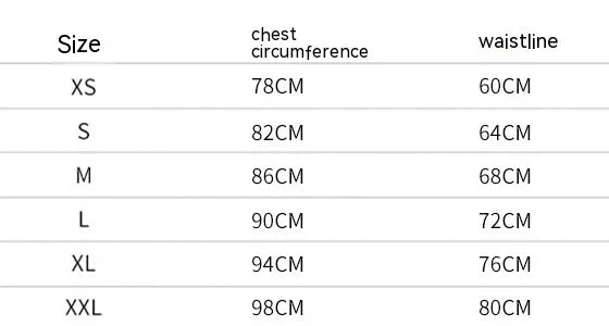 Clothing size chart displaying chest circumference and waistline measurements for sizes XS to XXL in centimeters