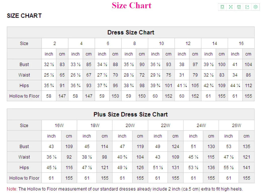 Dress size chart and plus size dress size chart with bust, waist, hips, and hollow to floor measurements in inches and cm