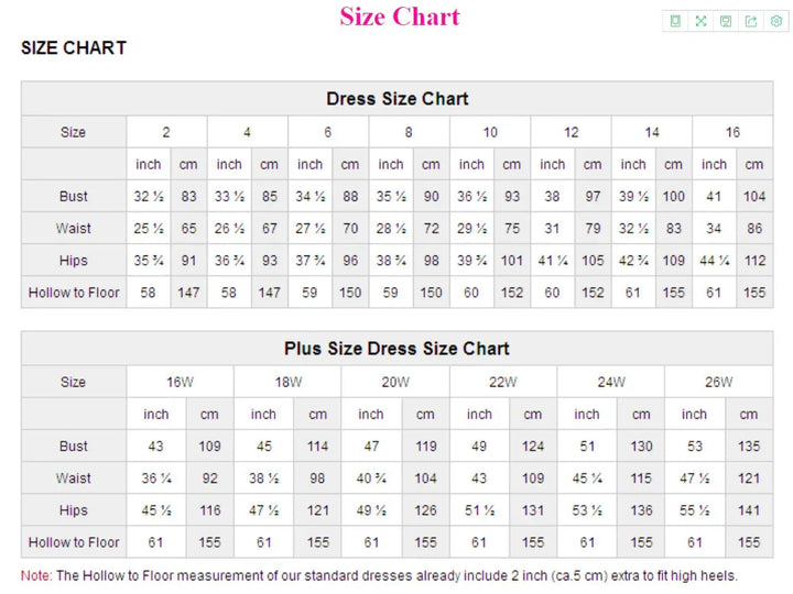 Dress size chart and plus size dress size chart with bust, waist, hips, and hollow to floor measurements in inches and cm