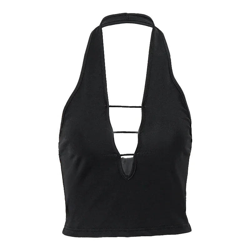 Black halter crop top with deep V neckline and two horizontal strap details