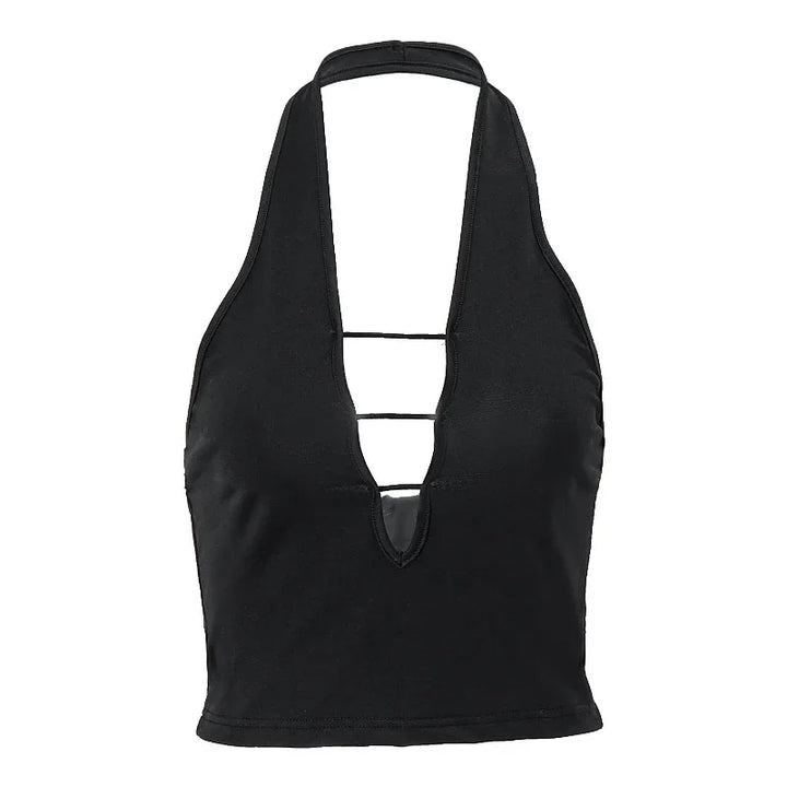 Black halter crop top with deep V neckline and two horizontal strap details