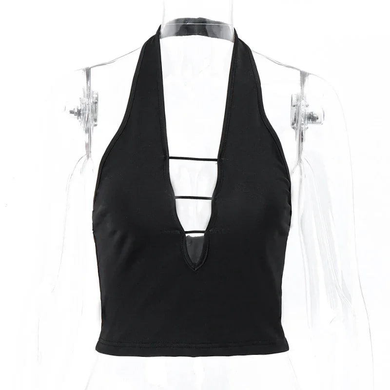 Black halter neck crop top with deep V neckline and two horizontal strap details on transparent mannequin
