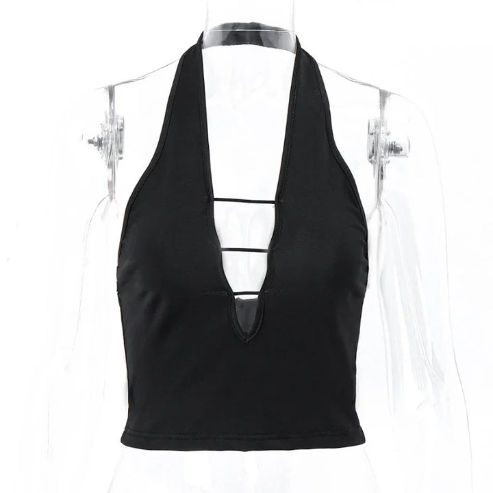 Black halter neck crop top with deep V neckline and two horizontal strap details on transparent mannequin