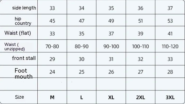 Clothing size chart detailing side length, hip, waist (flat and unzipped), front stall, and foot mouth for sizes M to 3XL.