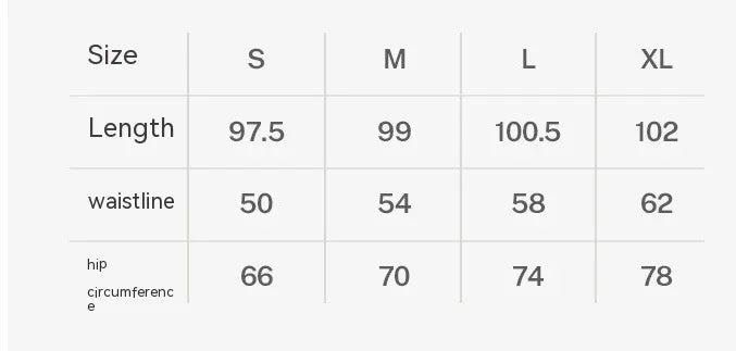 Size chart table showing length, waistline, and hip circumference measurements for sizes S to XL