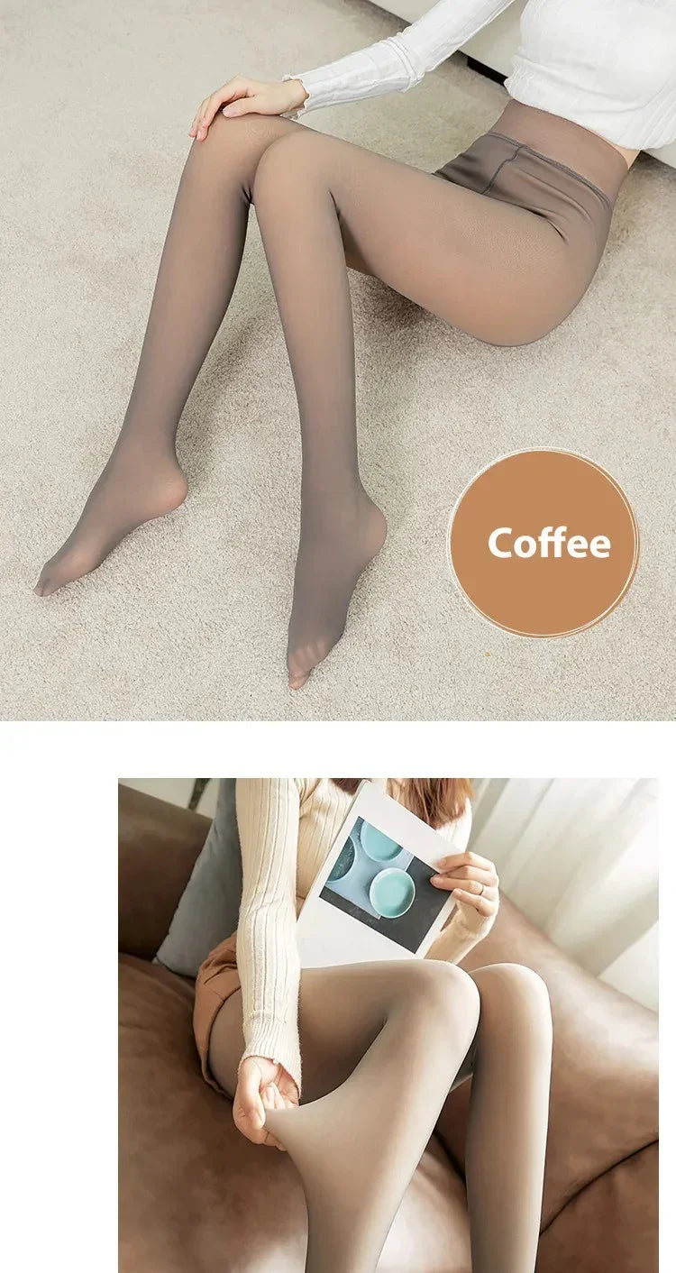 Woman wearing coffee-colored sheer pantyhose sitting on carpet and sofa, showcasing stretch and fit