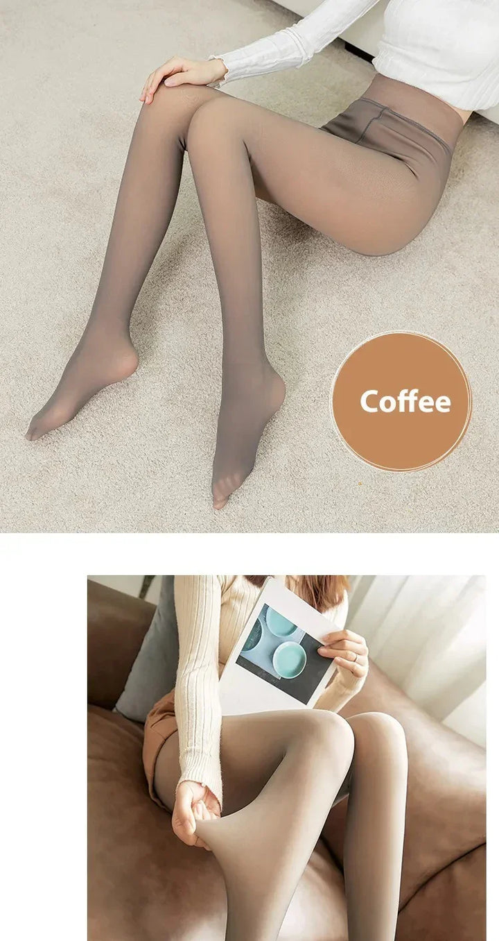 Woman wearing coffee-colored sheer pantyhose sitting on carpet and sofa, showcasing stretch and fit
