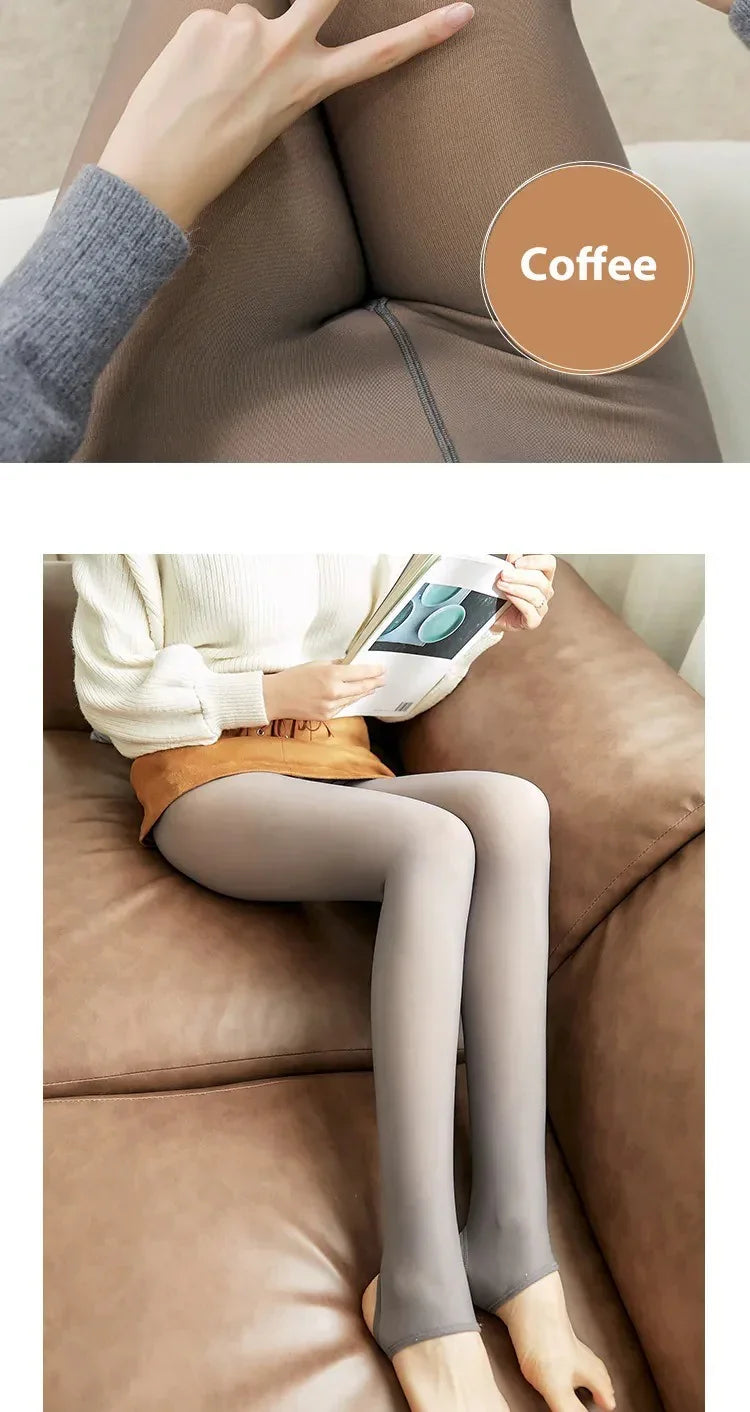 Woman wearing coffee-colored soft leggings sitting on brown leather couch reading a book