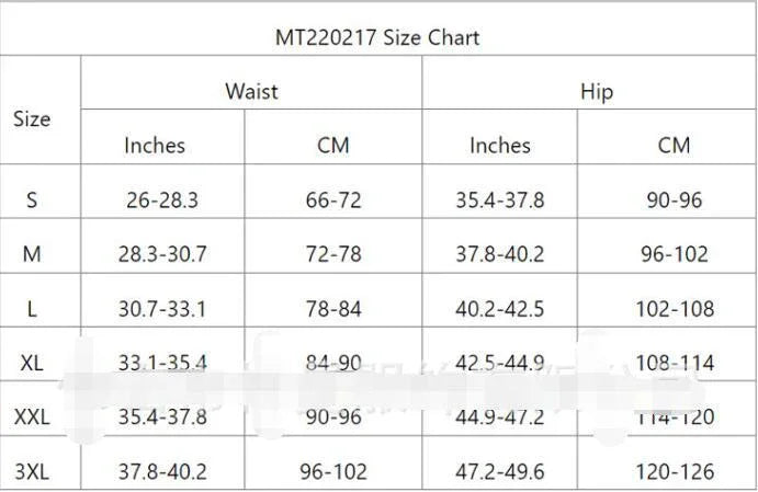 MT220217 size chart showing waist and hip measurements in inches and cm for sizes S to 3XL