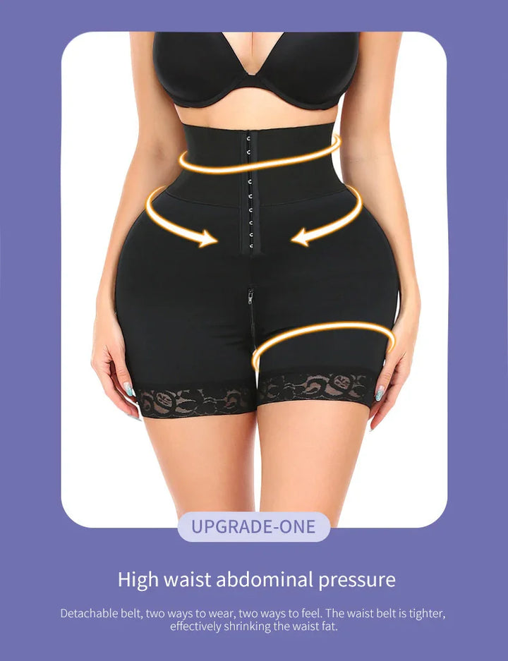 Woman wearing high waist shaper shorts with detachable waist belt and lace trim