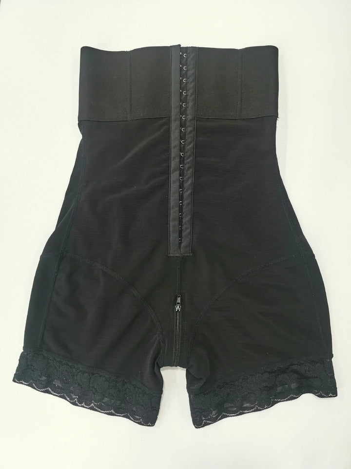Black high-waisted shaping shorts with hook-and-eye front closure, zipper, and lace trim