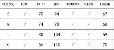 Size chart table showing bust, waist, hip, and length measurements in centimeters for sizes S, M, L, and XL.
