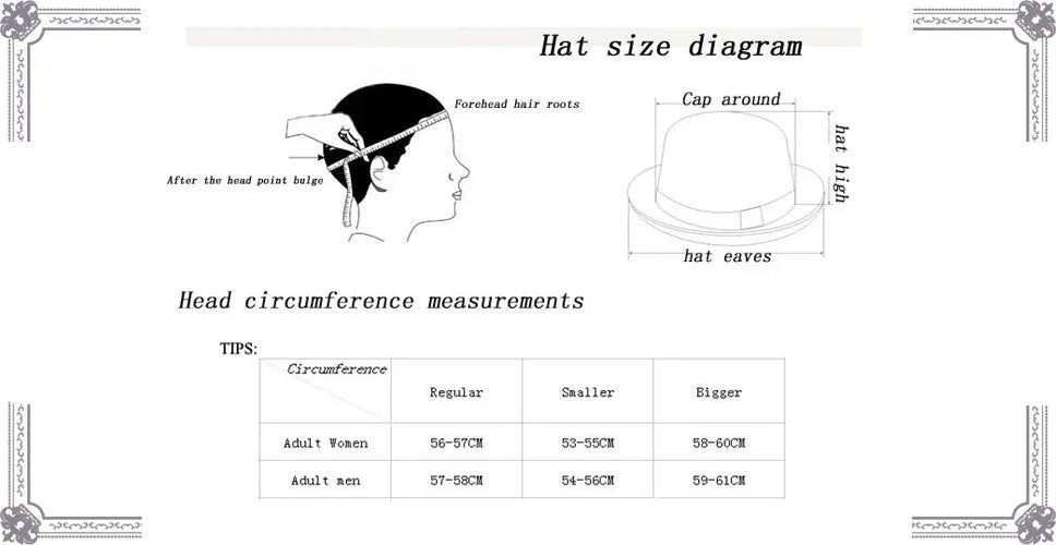 Hat size diagram showing how to measure head circumference for adult men and women including cap dimensions
