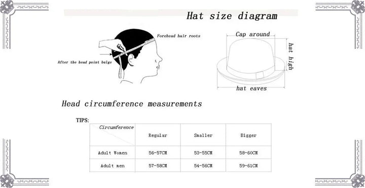 Hat size diagram showing how to measure head circumference for adult men and women including cap dimensions