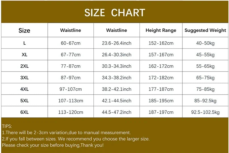 Size chart showing waistline, height range, and suggested weight for sizes L to 6XL with measurement tips