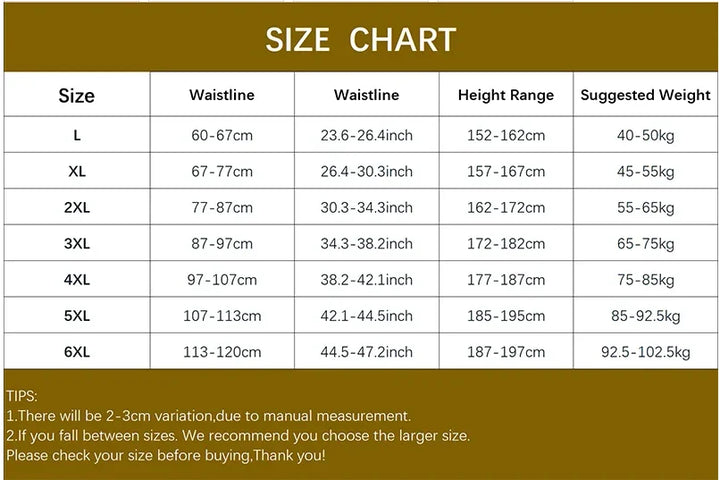 Size chart showing waistline, height range, and suggested weight for sizes L to 6XL with measurement tips