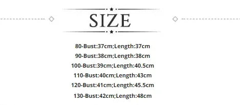 Clothing size chart showing bust and length measurements in cm for sizes 80 to 130