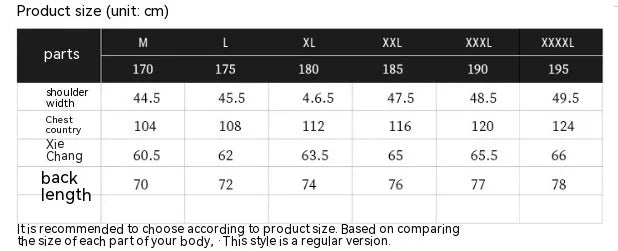 Size chart for clothing with measurements in cm for shoulder width, chest, sleeve length, and back length across sizes M to XXXXL