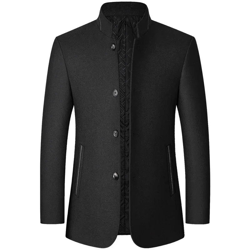 Black men's wool blend coat with stand collar, button closure, and quilted inner lining