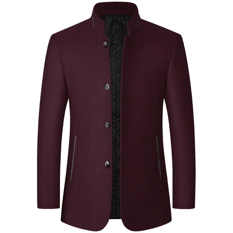 Men's maroon wool blend jacket with stand collar, button closure, and quilted black lining