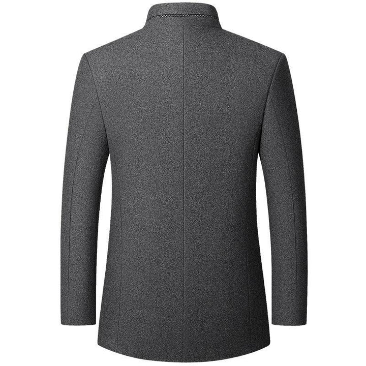 Back view of a charcoal gray wool mens blazer with structured shoulders and a subtle texture