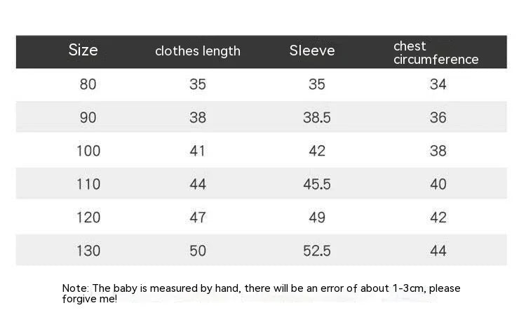 Baby clothing size chart detailing clothes length, sleeve, and chest circumference from size 80 to 130