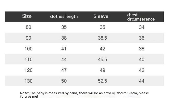 Baby clothing size chart detailing clothes length, sleeve, and chest circumference from size 80 to 130