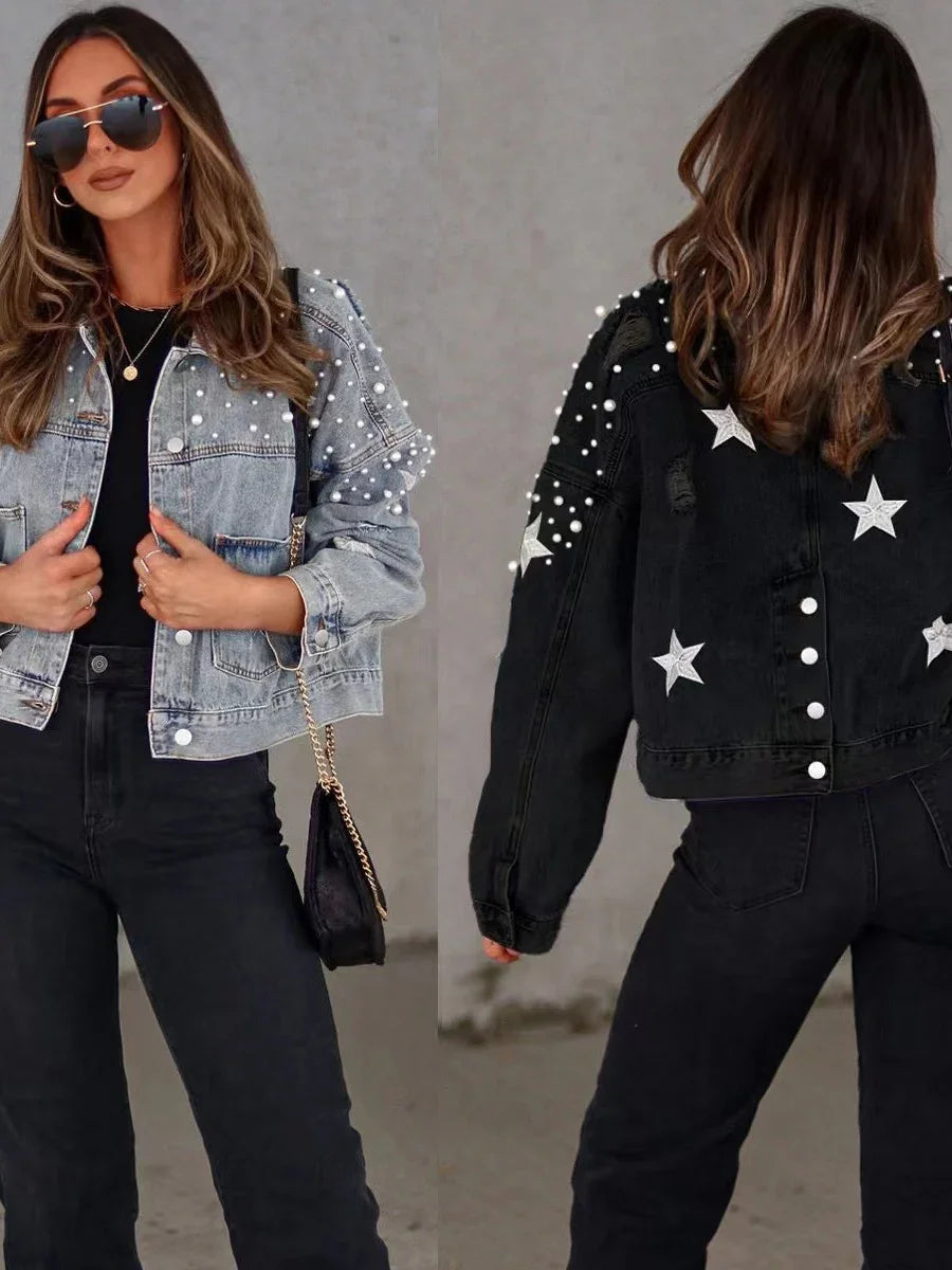 Woman wearing trendy denim jackets with pearl and star embellishments, styled with black jeans and sunglasses