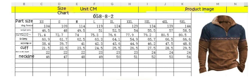 Size chart for XS to 5XL men's fleece pullover with blue and brown colors and patterned chest stripe