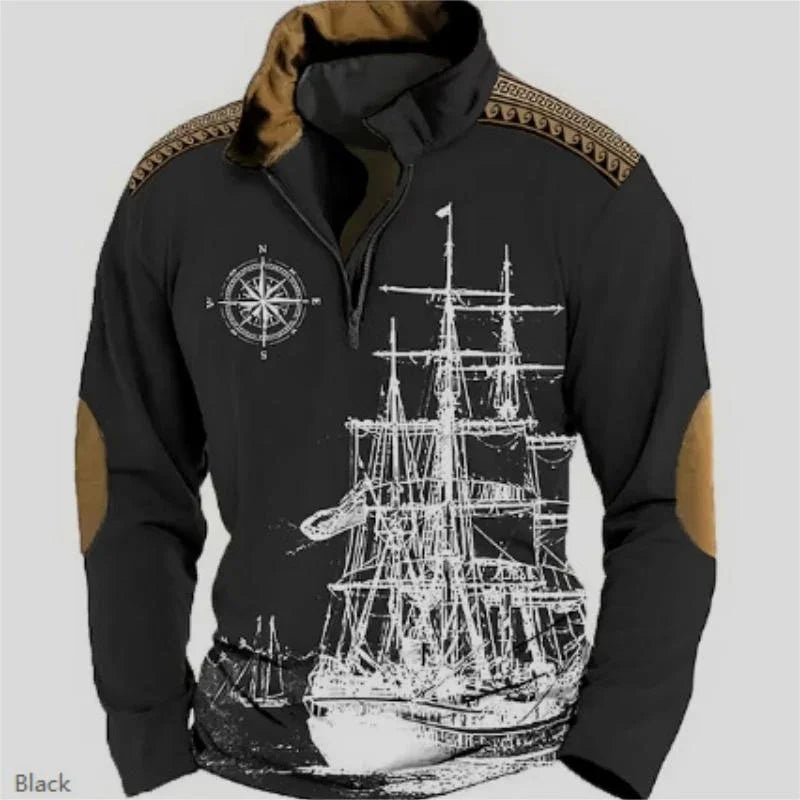 black pullover with ship print, compass design, brown elbow patches and shoulder accents