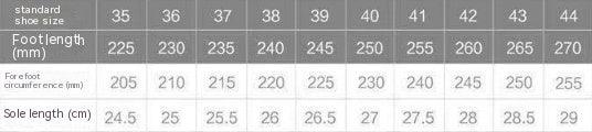 Shoe size chart showing standard sizes 35 to 44 with foot length, circumference, and sole length measurements