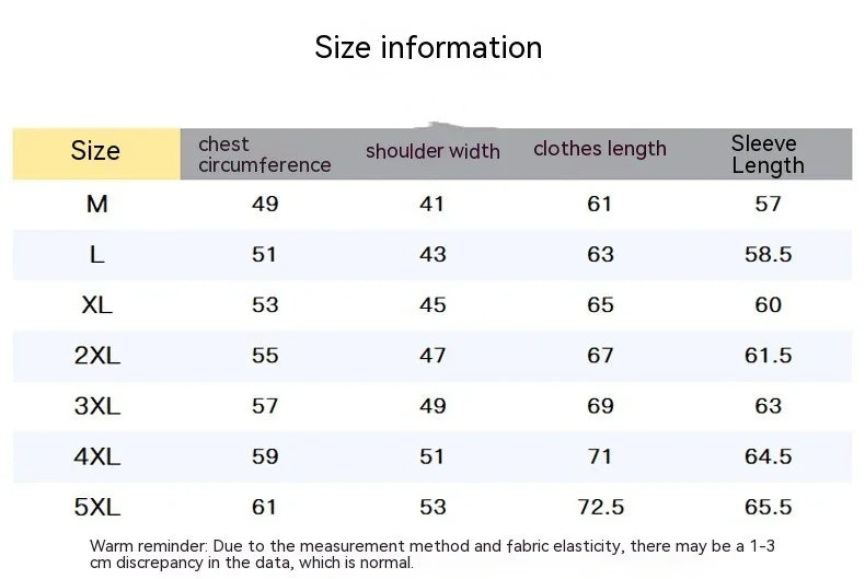Size chart for men's clothing with chest, shoulder, length, and sleeve measurements from M to 5XL